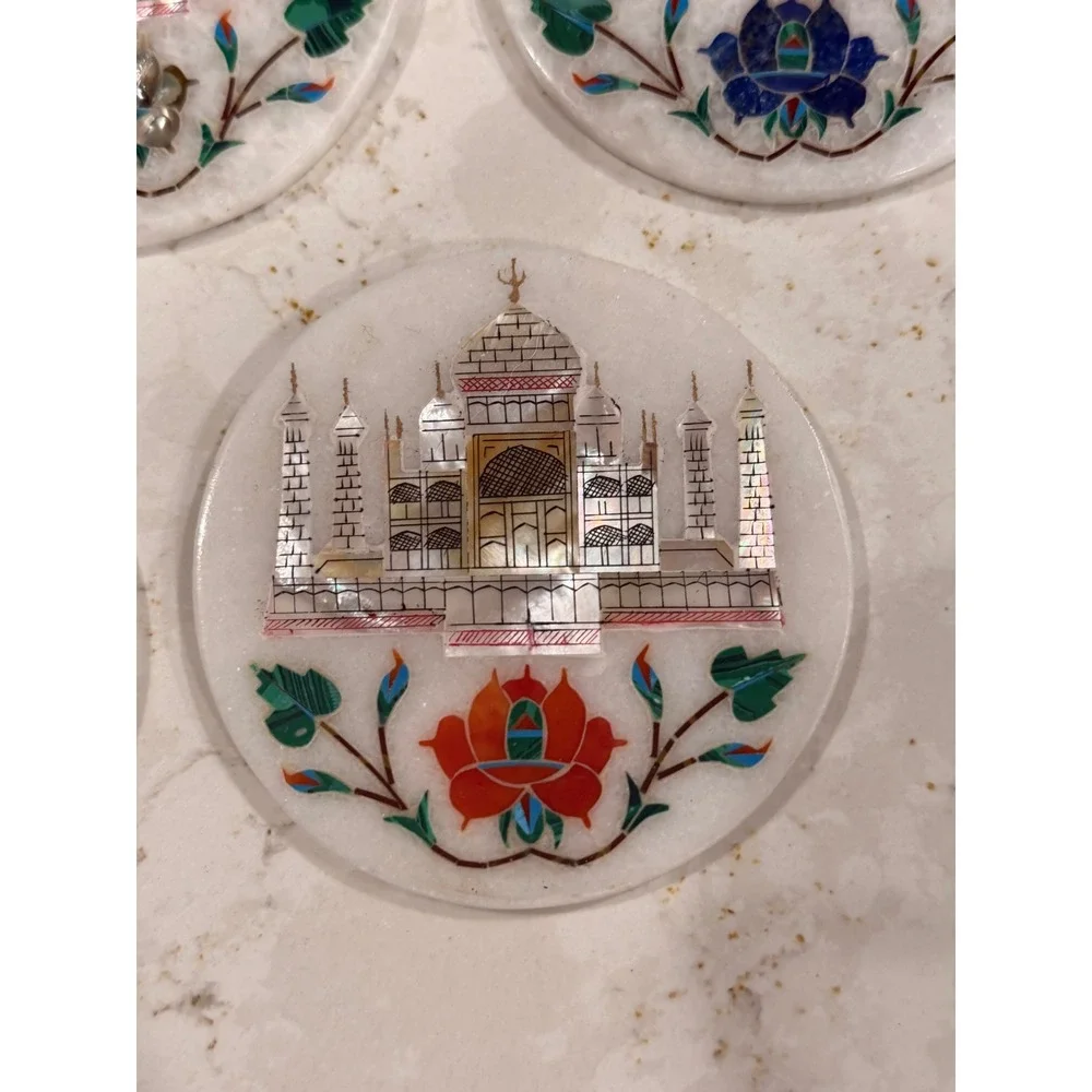 Rare Handmade White Marble Taj Mahal Indian Mother Of Pearl‎ Coaster Set of 6